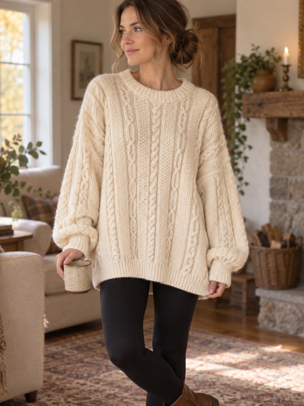 Vintage Hand-Knit Cream Cable Sweater Oversized Aran Fisherman